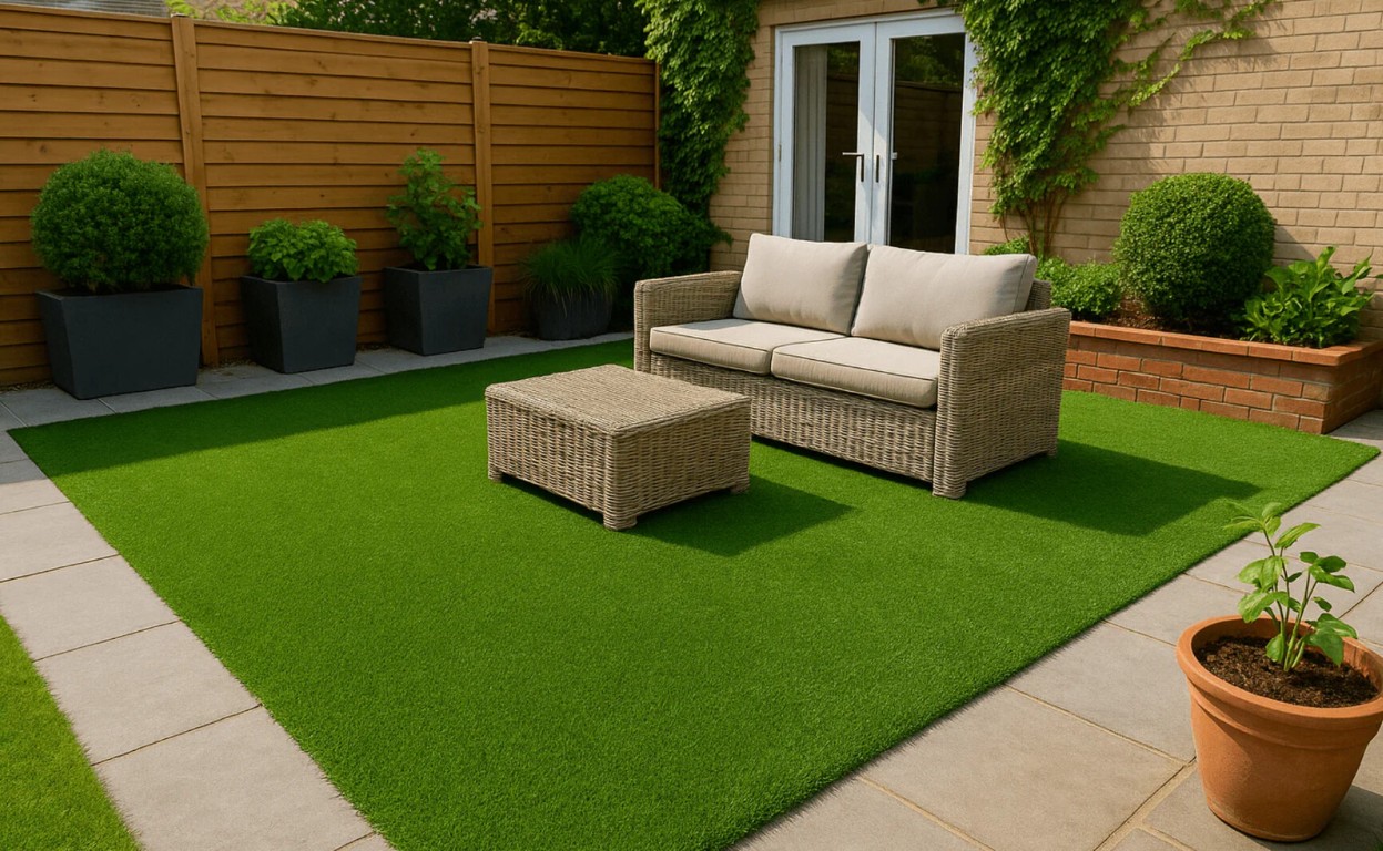 Beautiful residential artificial grass installation in Chico, CA backyard